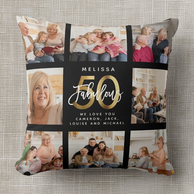Modern Fabulous 50th Birthday Photo Collage Gold  Throw Pillow (Creator Uploaded)