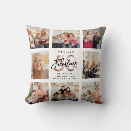 Modern Fabulous 50th Birthday Photos Rose Gold Throw Pillow