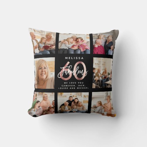 Modern Fabulous 60th Birthday Photos Rose Gold Throw Pillow