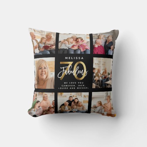 Modern Fabulous 70th Birthday Photo Collage Gold Throw Pillow