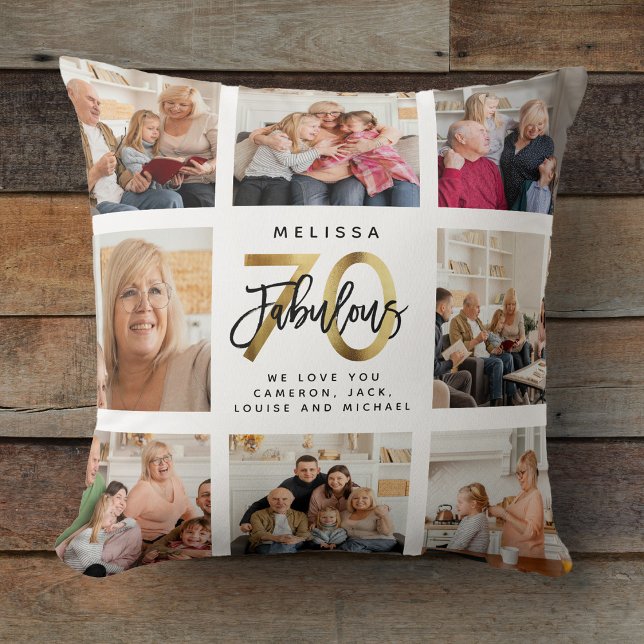 Modern Fabulous 70th Birthday Photo Collage Gold Throw Pillow (Creator Uploaded)
