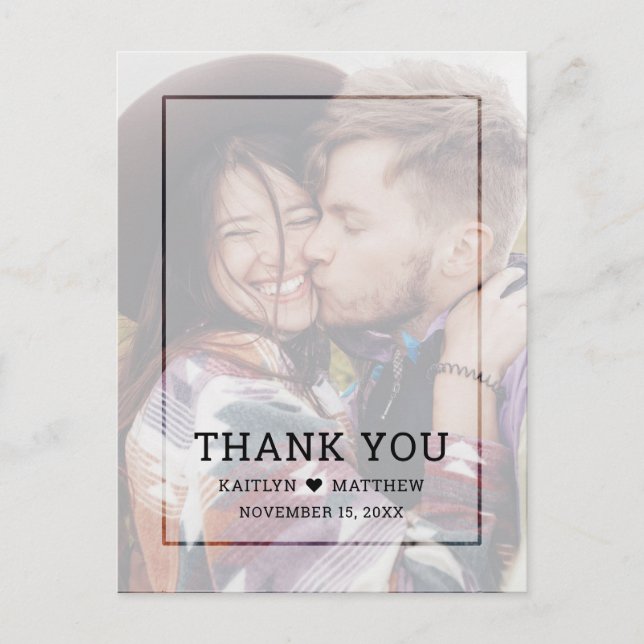 Modern Faded Photo Black Script Wedding Thank You Postcard (Front)