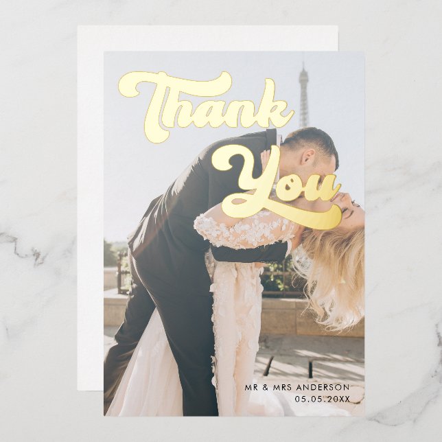 Modern Faded Photo Overlay Retro Thank You Wedding Foil Invitation (Front/Back)