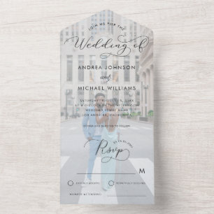 Modern Faded Photo & Script Photo Wedding All In One Invitation