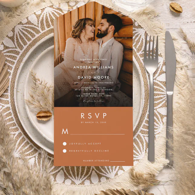 Modern Fading Photo Terracotta Simple RSVP Wedding All In One ...