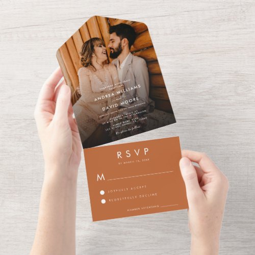 Modern Fading Photo Terracotta Simple RSVP Wedding All In One Invitation