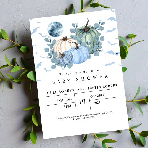  modern fall autumn blue pumpkin boy baby shower invitation