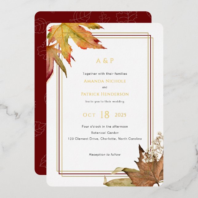 Modern Fall Autumn leaves, Garden Wedding gold Foil Invitation (Front/Back)