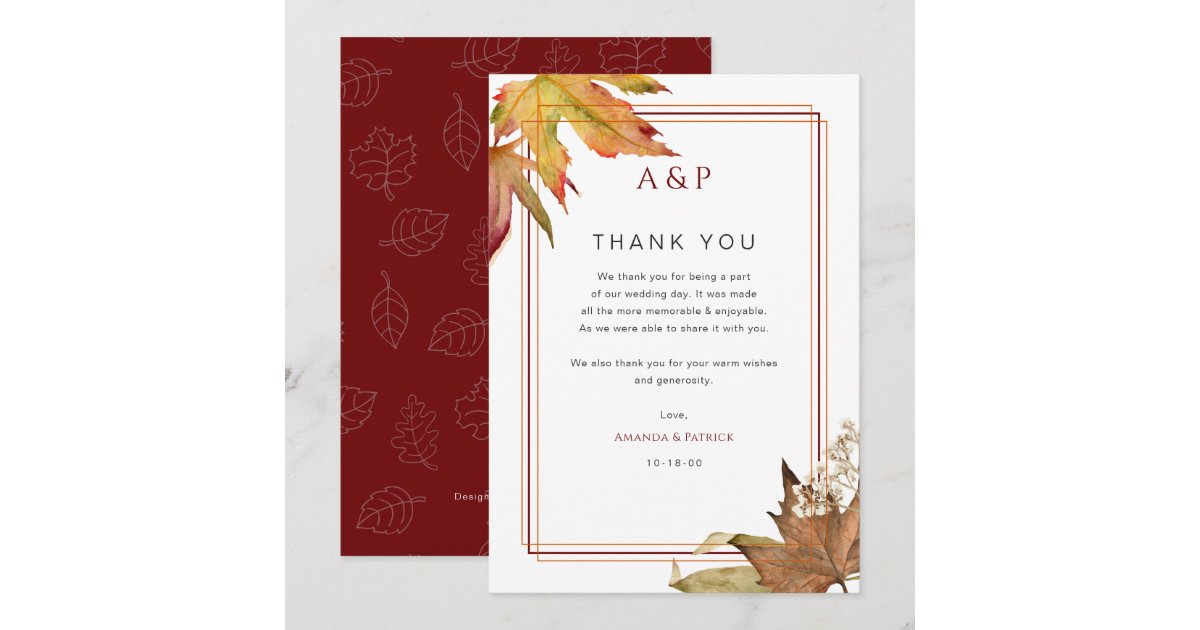 Modern Fall Autumn Leaves Wedding thank you cards | Zazzle