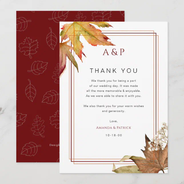 Modern Fall Autumn Leaves Wedding thank you cards | Zazzle