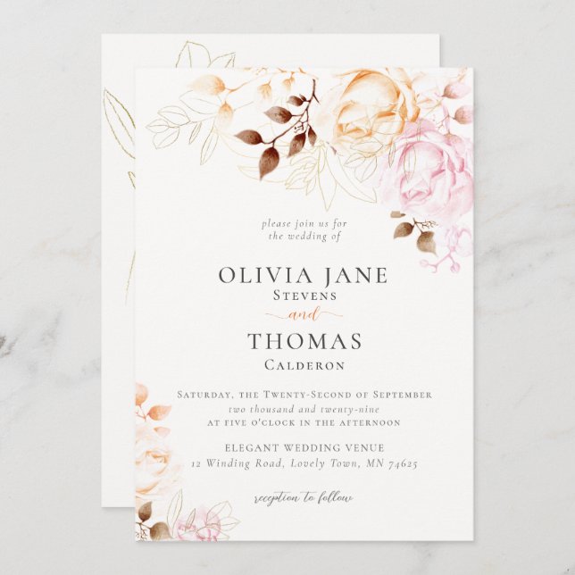 Modern Fall Blush Orange Floral Wedding Invitation (Front/Back)