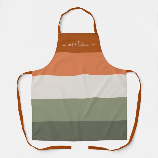 Modern fall colored stripes script name apron (Front)