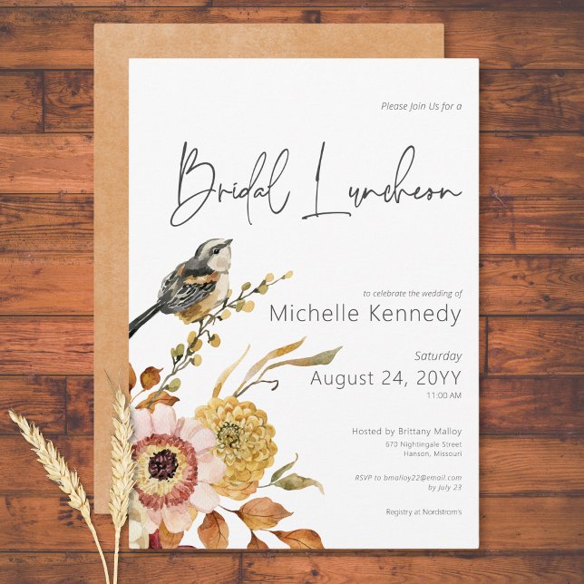 Modern Fall Floral & Bird Bridal Luncheon Invitation (Modern Fall Floral & Bird Bridal Luncheon Invitation)