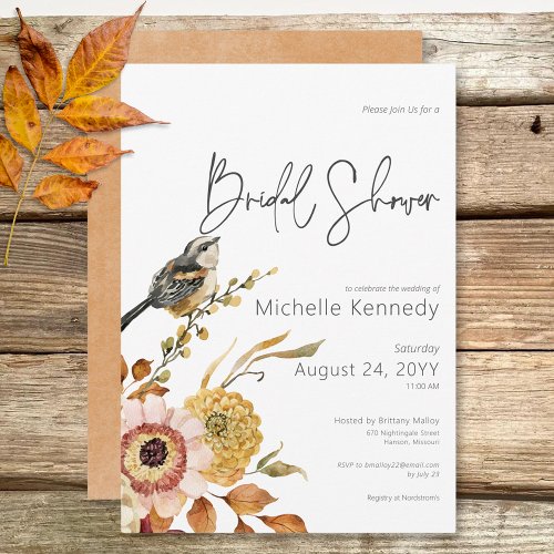 Modern Fall Floral  Bird Bridal Shower Invitation