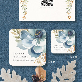 Modern Fall Floral Blue Ivory Watercolor Wedding Square Sticker by ModernStylePaperie at Zazzle