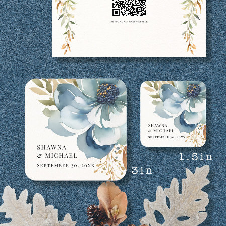 Modern Fall Floral Blue Ivory Watercolor Wedding Square Sticker