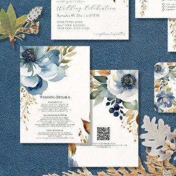 Modern Fall Floral Elegant Blue And Ivory Details Invitation by ModernStylePaperie at Zazzle