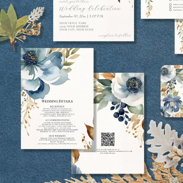 Modern Fall Floral Elegant Blue and Ivory Details Invitation (Creator Uploaded)