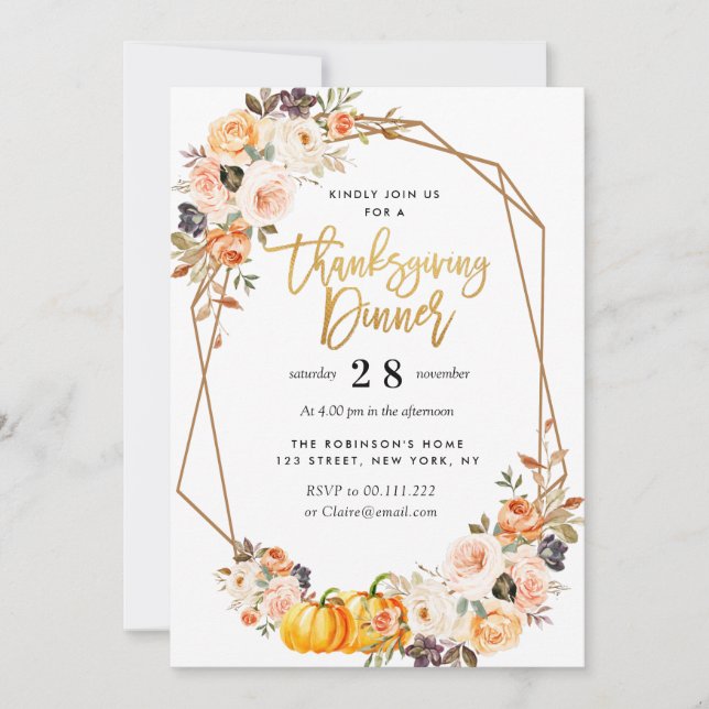 Modern fall floral geometric thanksgiving dinner invitation (Front)