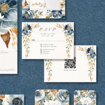 Modern Fall Floral Navy Blue Ivory Rust Wedding Rsvp Card by ModernStylePaperie at Zazzle
