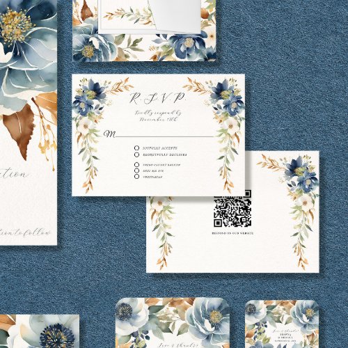 Modern Fall Floral Navy Blue Ivory Rust Wedding RSVP Card