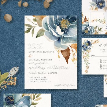 Modern Fall Floral Navy Dusty Blue Ivory Wedding Invitation by ModernStylePaperie at Zazzle