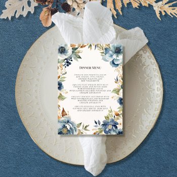 Modern Fall Floral Navy Dusty Blue Wedding Menu Invitation by ModernStylePaperie at Zazzle