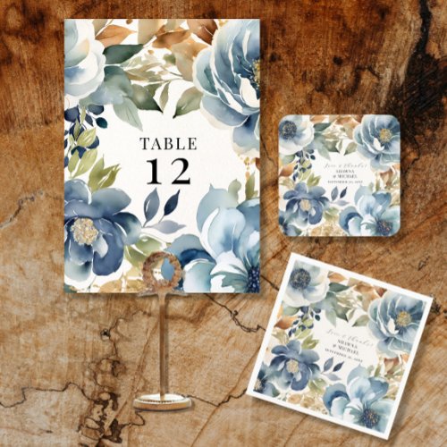 Modern Fall Floral Navy Dusty Blue Wedding Menu Invitation