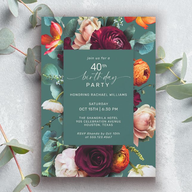 Modern Fall Floral Teal 40th Birthday Party Invitation (Available in both printed and instant download digital formats.)