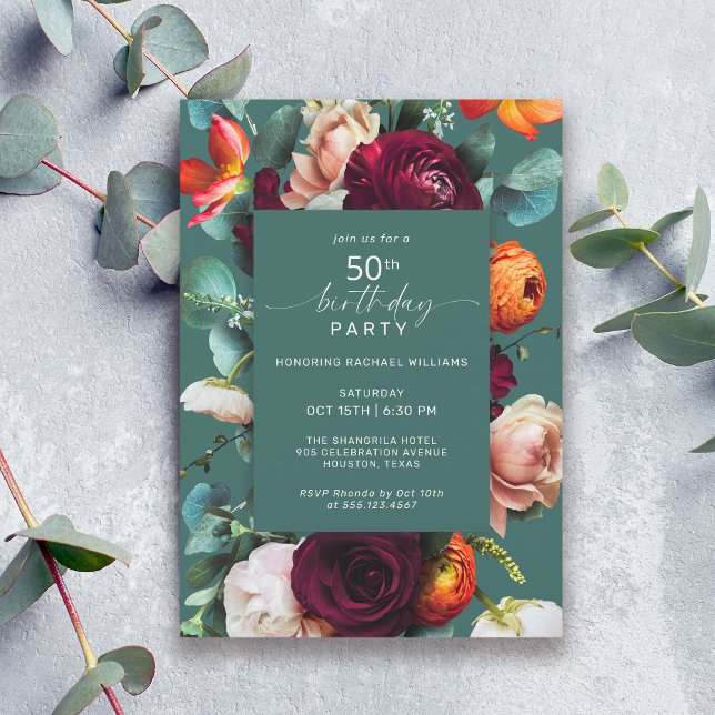 Modern Fall Floral Teal 50th Birthday Party Invitation (Available in both printed and instant download digital formats.)