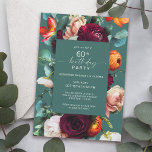 Modern Fall Floral Teal 60th Birthday Party Invitation<br><div class="desc">A modern fall floral birthday party invitation in a with rich jewel tone color palette of teal, burgundy red, russet orange, and blush pink creates a lovely floral border surrounding your text. These colors are often used from late-summer into fall and through the winter months. A thin handwritten script type...</div>
