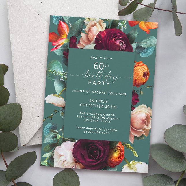 Modern Fall Floral Teal 60th Birthday Party Invitation (Available in both printed and paperless digital download formats.)
