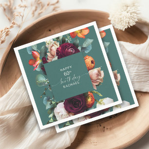 Modern Fall Floral Teal 60th Birthday Party Napkins