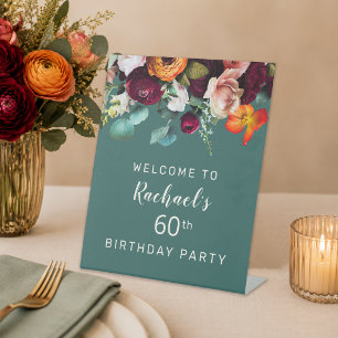Modern Fall Floral Teal 60th Birthday Party Pedestal Sign