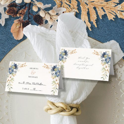 Modern Fall Floral Watercolor Blue Ivory Reception Place Card