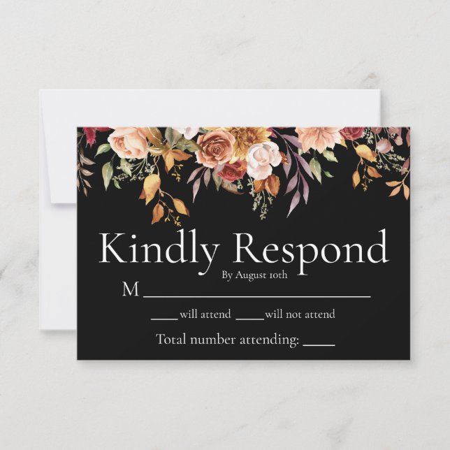 Modern Fall Foliage Floral Black Wedding RSVP Card (Front)
