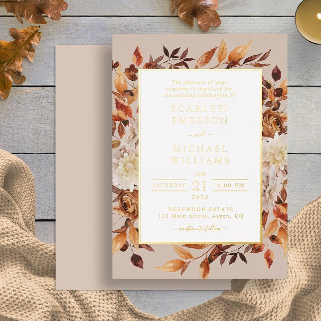 Modern Fall Gold Wedding Foil Invitation (Modern Fall Leaves Gold Wedding Foil Invitation by Painted Paperie)