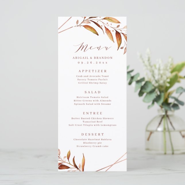 Modern Fall Greenery Geometric Rustic Wedding Menu (Standing Front)
