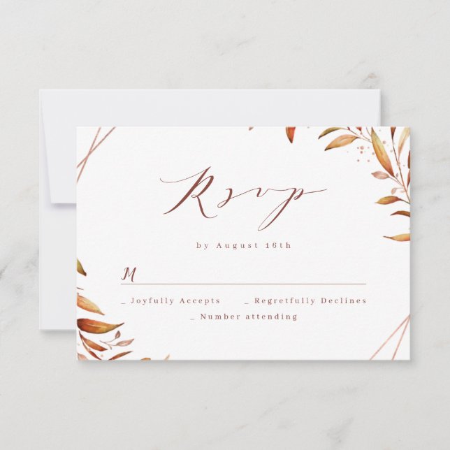 Modern Fall Greenery Geometric Rustic Wedding RSVP Card (Front)