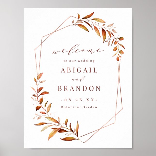Modern Fall Greenery Geometric Rustic Wedding Sign (Front)