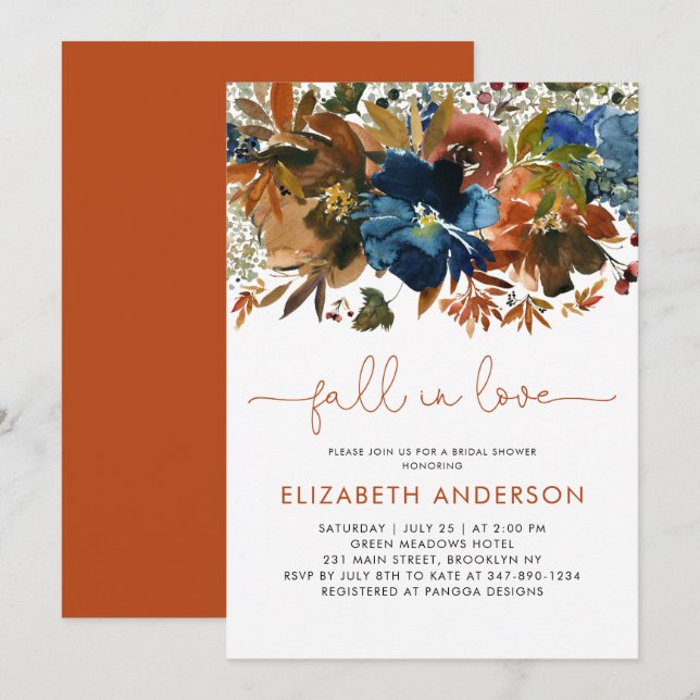 Modern Fall in Love Navy Blue Floral Bridal Shower Invitation (Front/Back)