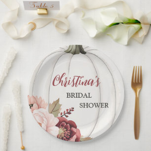 Modern Fall in Love Pumpkin Floral Bridal Shower Paper Plates