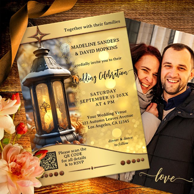 Modern Fall Lantern Gold Sparkles Wedding Invitation (Boho fall wedding invitation featuring a festive lantern with pumpkins on sparkling gold + QR code)