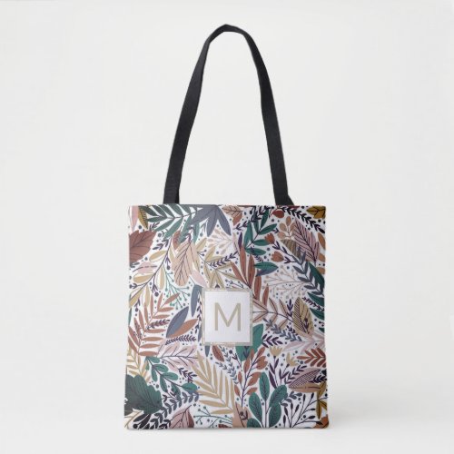 Modern Fall Leaves Line Art Neutral Beige Monogram Tote Bag