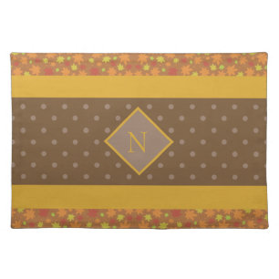 Modern Fall Leaves Monogram Brown Polka Dot Cloth Placemat