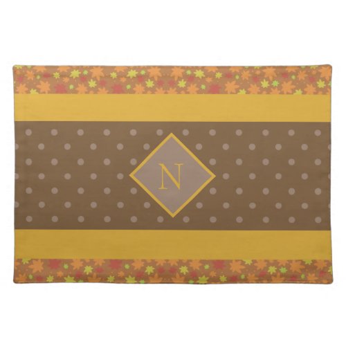 Modern Fall Leaves Monogram Brown Polka Dot Cloth Placemat