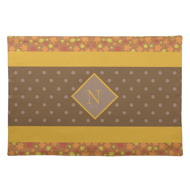 Modern Fall Leaves Monogram Brown Polka Dot Cloth Placemat (Front)