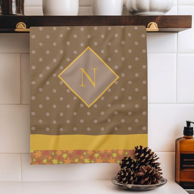 Modern Fall Leaves Monogram Brown Polka Dot Kitchen Towel (Creator Uploaded)