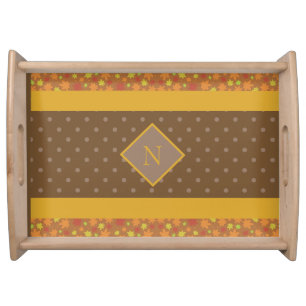 Modern Fall Leaves Monogram Brown Polka Dot Serving Tray