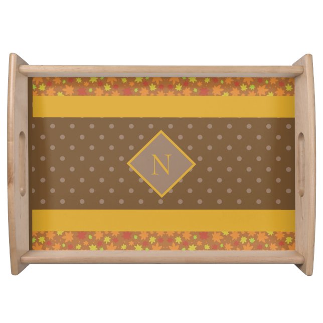 Modern Fall Leaves Monogram Brown Polka Dot Serving Tray (Front)